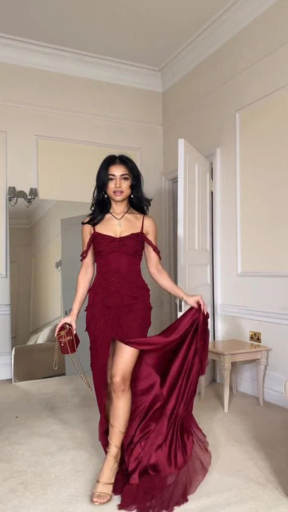 Wine Red Off Shoulder Straps Multi-layered Ruffles Long Prom Dress, MD7894