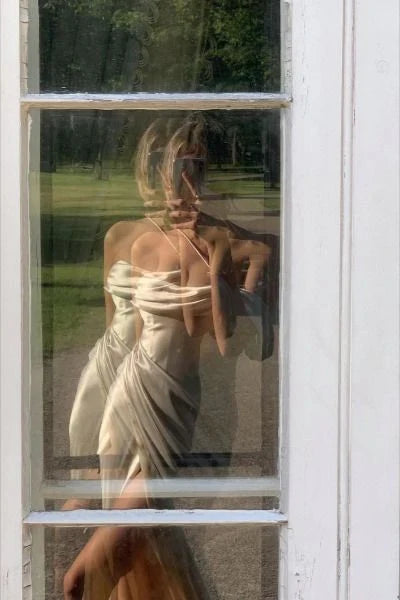 Ivory Off Shoulder Satin Long Prom Dress with Slit, MD7896