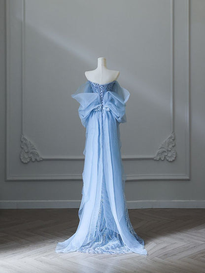 Gorgeous Blue Off Shoulder Sequins Mermaid Long Prom Dress, MD7904