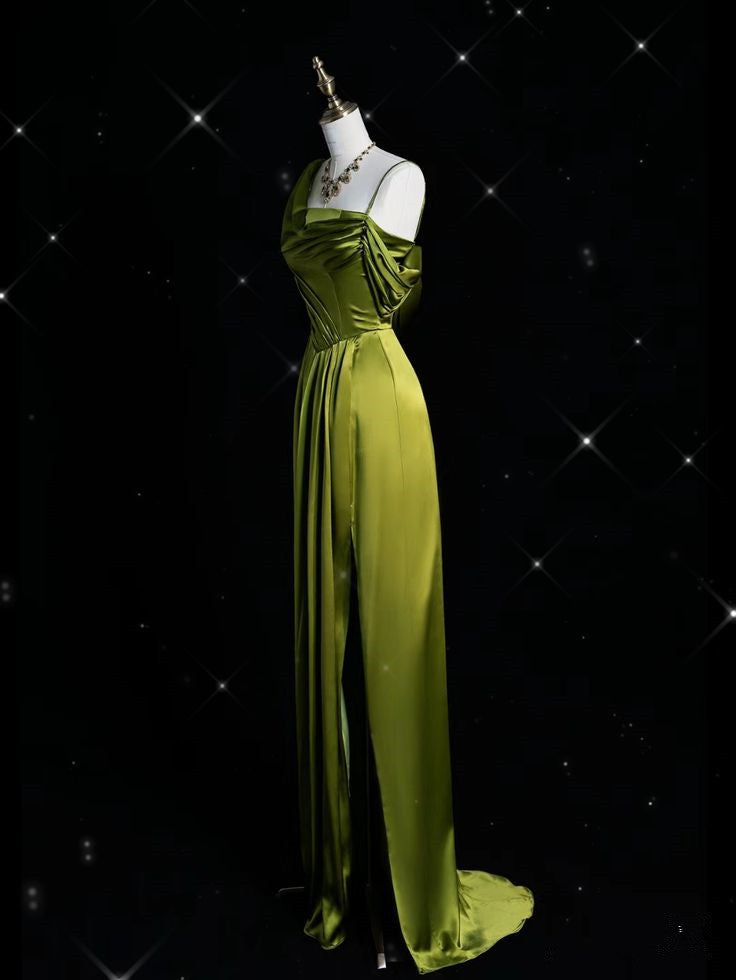 Green Straps Sheath Satin Long Formal Evening Party Dress, MD7944