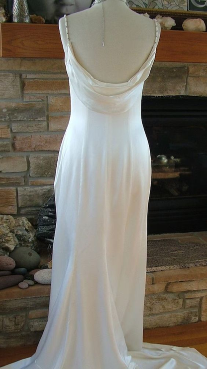 White Spaghetti Straps Beading Satin Vintage Wedding Dress, MD7946