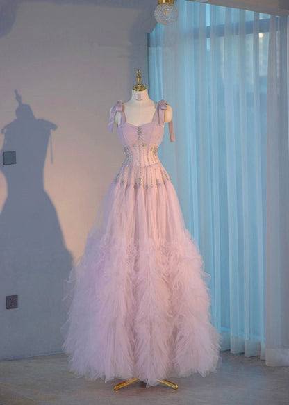 Light Pink Straps A-Line Beading Tulle Long Prom Dress, MD7955