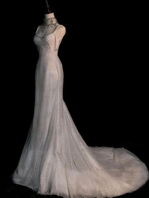 Stunning White Backless Mermaid Shiny Party Gown Wedding Dress, MD7991