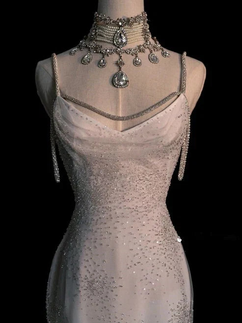 Stunning White Backless Mermaid Shiny Party Gown Wedding Dress, MD7991