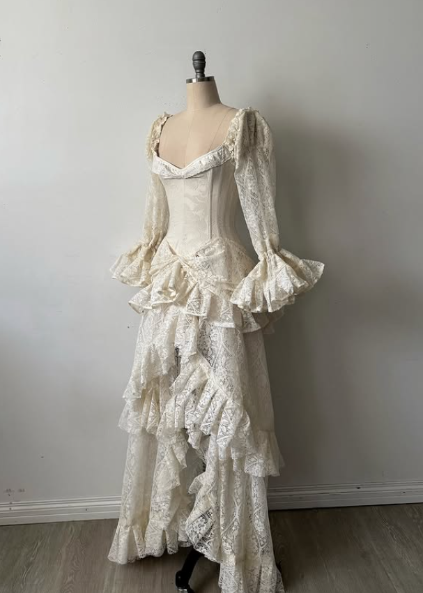 Vintage Apricot A Line Long Sleeve Layered Lace  Long Prom Dress Party Dress SH5536