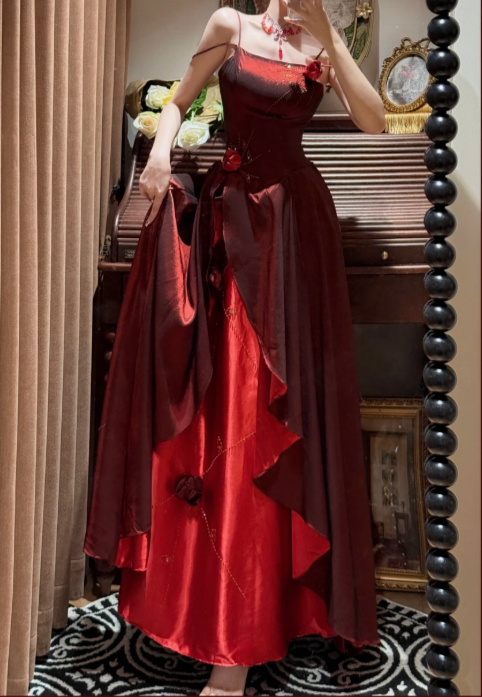 Stunning Burgundy A Line Straps Floral Beaded Ruffle Satin Prom Dress SH5652