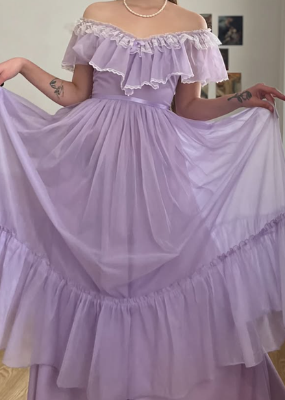 Vintage A Line Off the Shoulder Lilac Tulle Prom Dress Evening Dress Date Dress SH5633