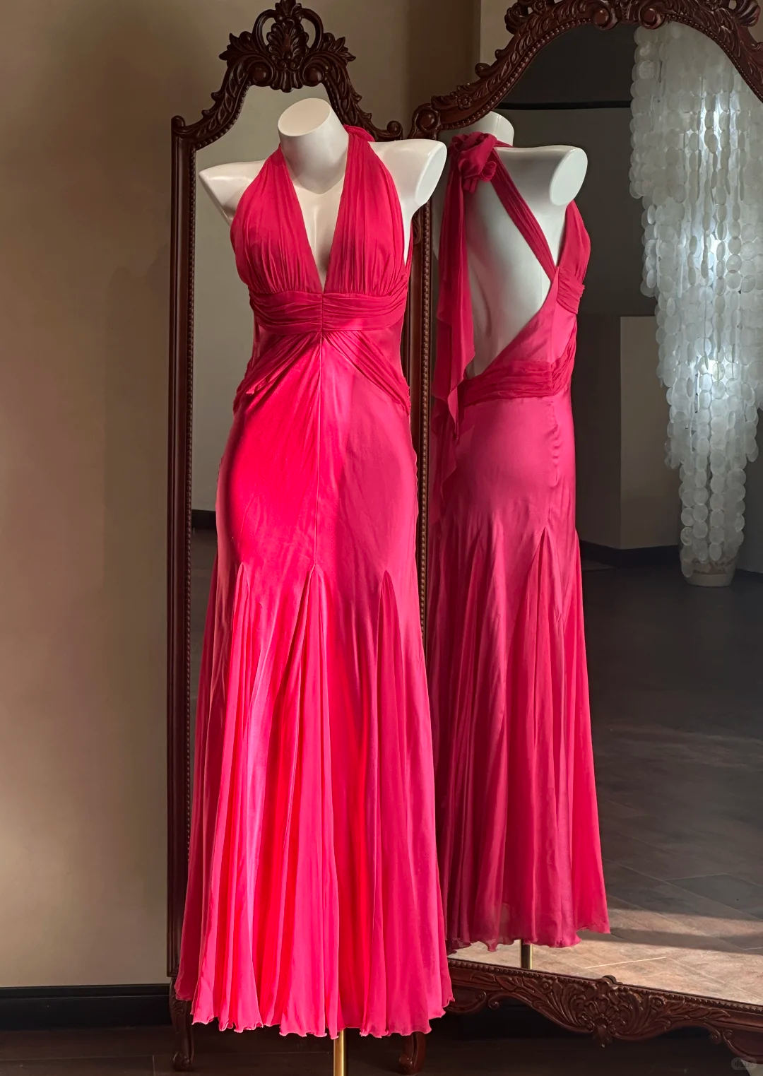 Vintage Hot Pink A Line Halter Chiffon Satin Open Back Long Prom Dress SH5206
