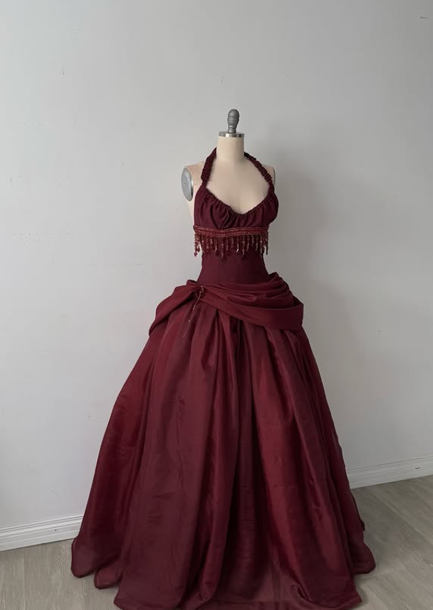 Vintage Burgundy Halter Beaded Satin Long Prom Dress Party Dress SH5531