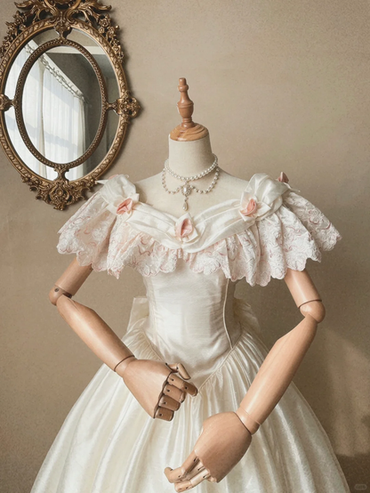 Sweety Retro Ball Gown Off the Shoulder Light Pink Rose Lace Satin Wedding Dress Prom Dress SH5891