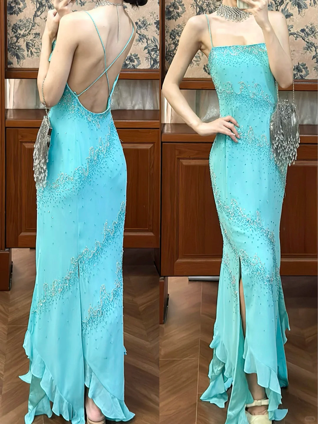 Vintage Blue Sheath Spaghetti Straps Beaded Chiffon Long Prom Dress SH5207