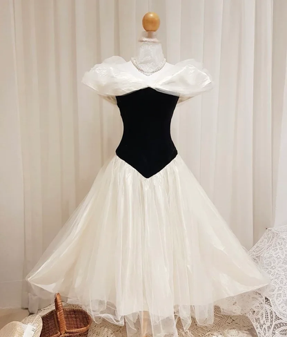 Vintage Black-White A Line Off the Shoulder Satin Tulle Prom Dress SH5563