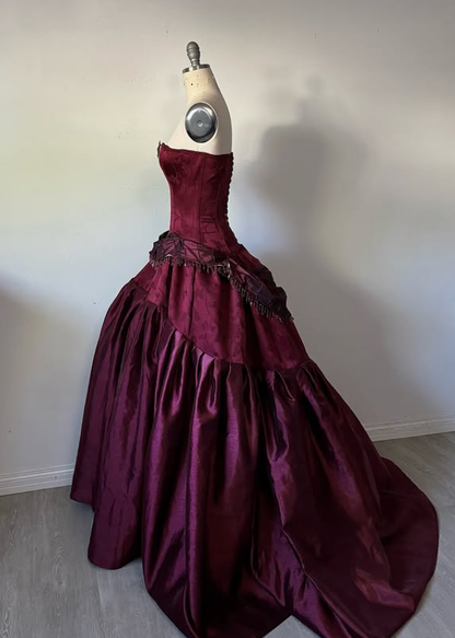 Vintage Burgundy Strapless Beaded Satin Long Prom Dress Party Dress SH5532