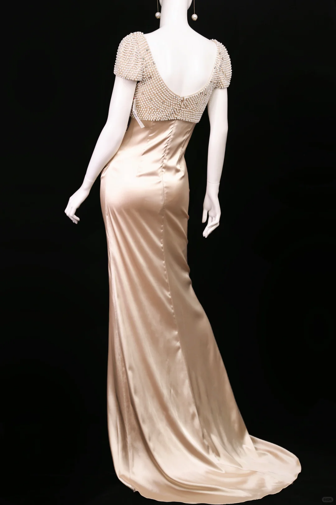 Vintage Champagne A Line Exquisite Pearls Satin Prom Dress Evening Dress SH5132