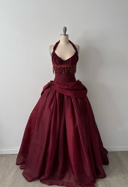 Vintage Burgundy Halter Beaded Satin Long Prom Dress Party Dress SH5531