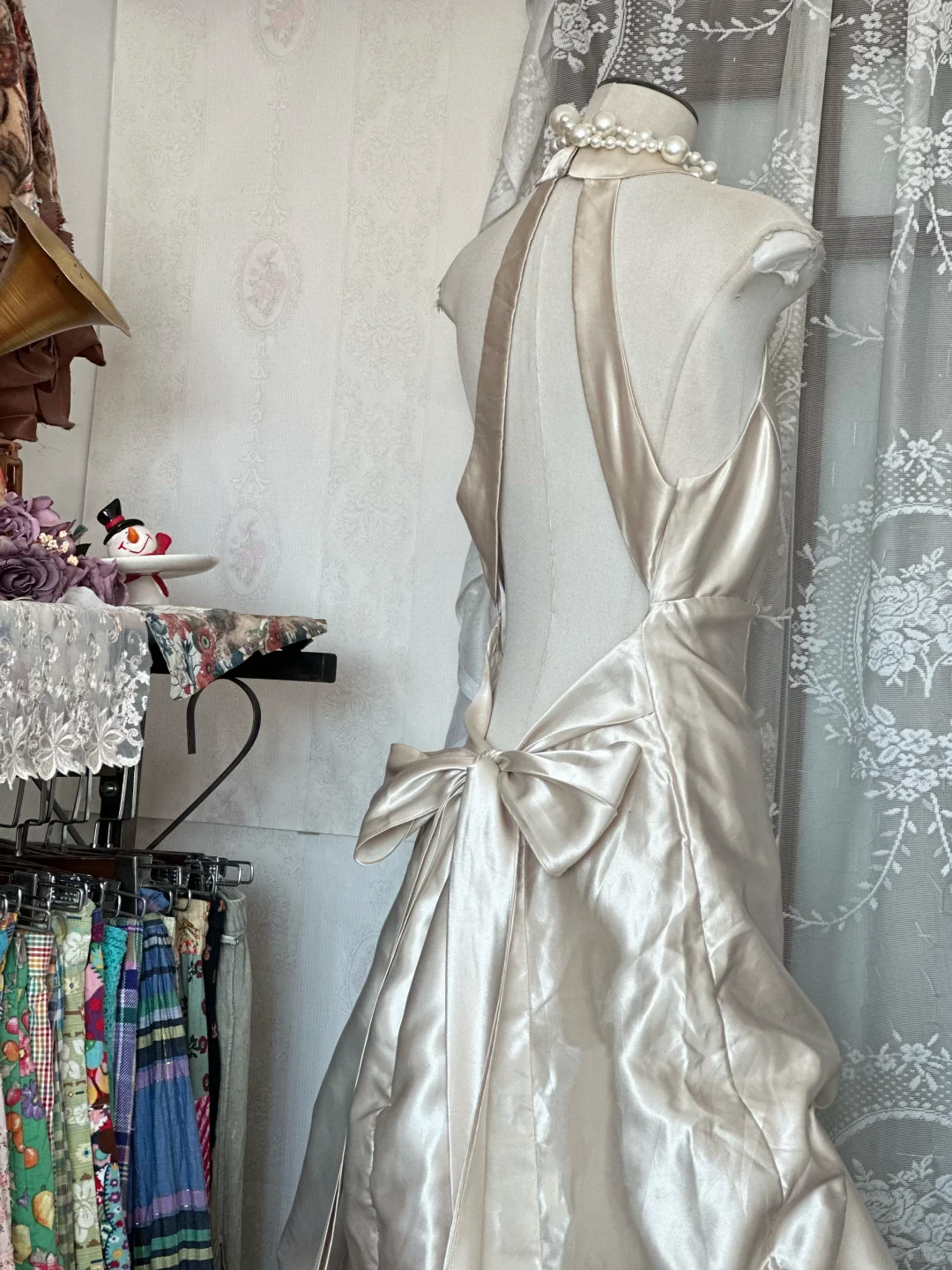 Vintage A Line Halter Beaded Ivory Satin Open Back Long Prom Dress SH5244
