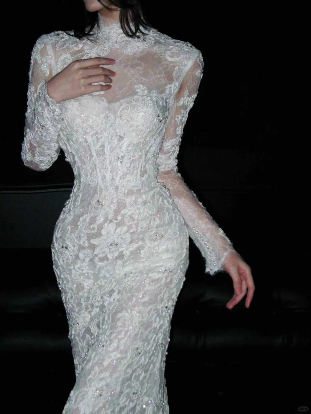 Stunning Mermaid Long Sleeve Beaded White Lace Backless Long Sweep Wedding Dress SH5232