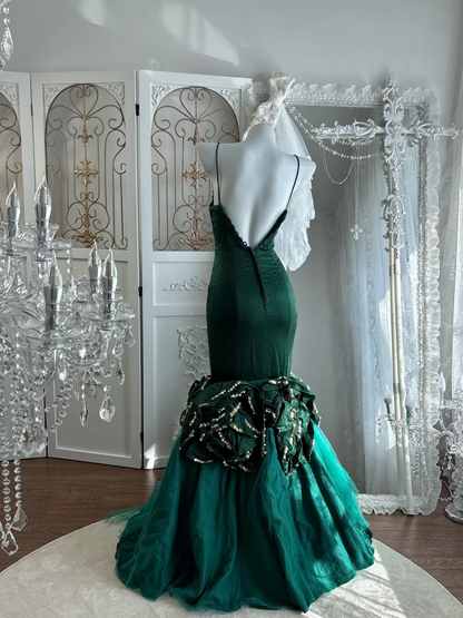 Vintage Emerald Mermaid Straps Pearl Beaded Satin Prom Dress Sweet 16 Dress SH5781