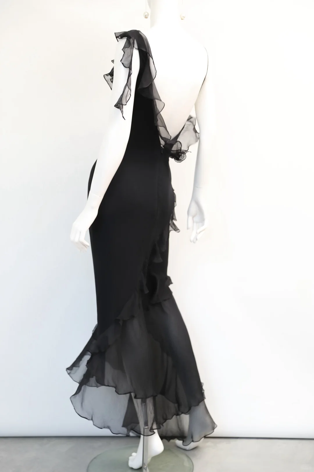Vintage Flowy Sheath Straps Ruffle Black Chiffon Long Prom Dress Evening Dress SH5135