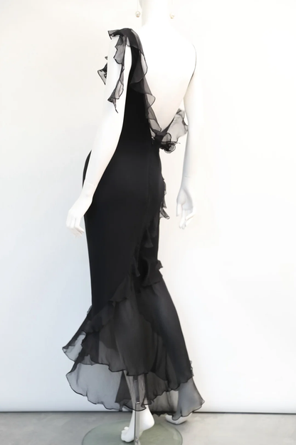 Vintage Flowy Sheath Straps Ruffle Black Chiffon Long Prom Dress Evening Dress SH5135