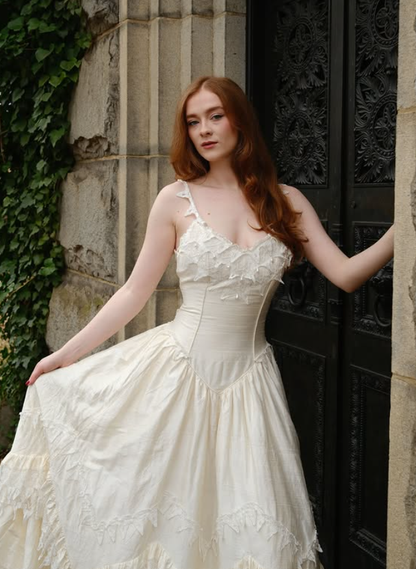 Vintage Ivory A Line Straps Lace Appliques Satin Long Wedding Dress SH6095