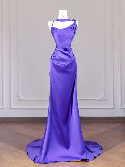 Stunning Purple Mermaid Spaghetti Strap Satin Long Prom Dress Party Dress SH4361
