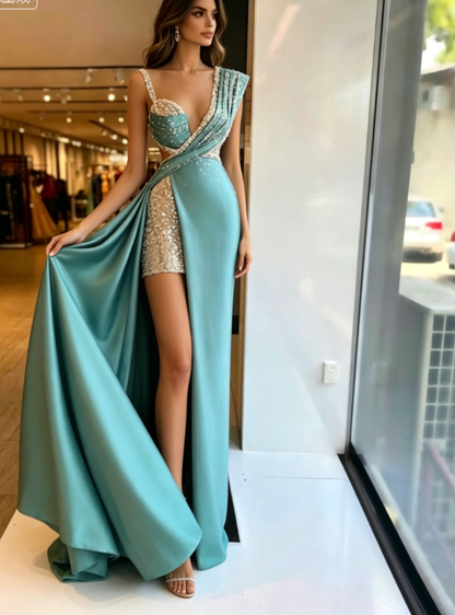 Sparkly Sequined Split Mermaid Evening Dresses Crystal Long Formal Prom Gowns Custom Made Plus Size Pageant Wear Party Dress SA1097