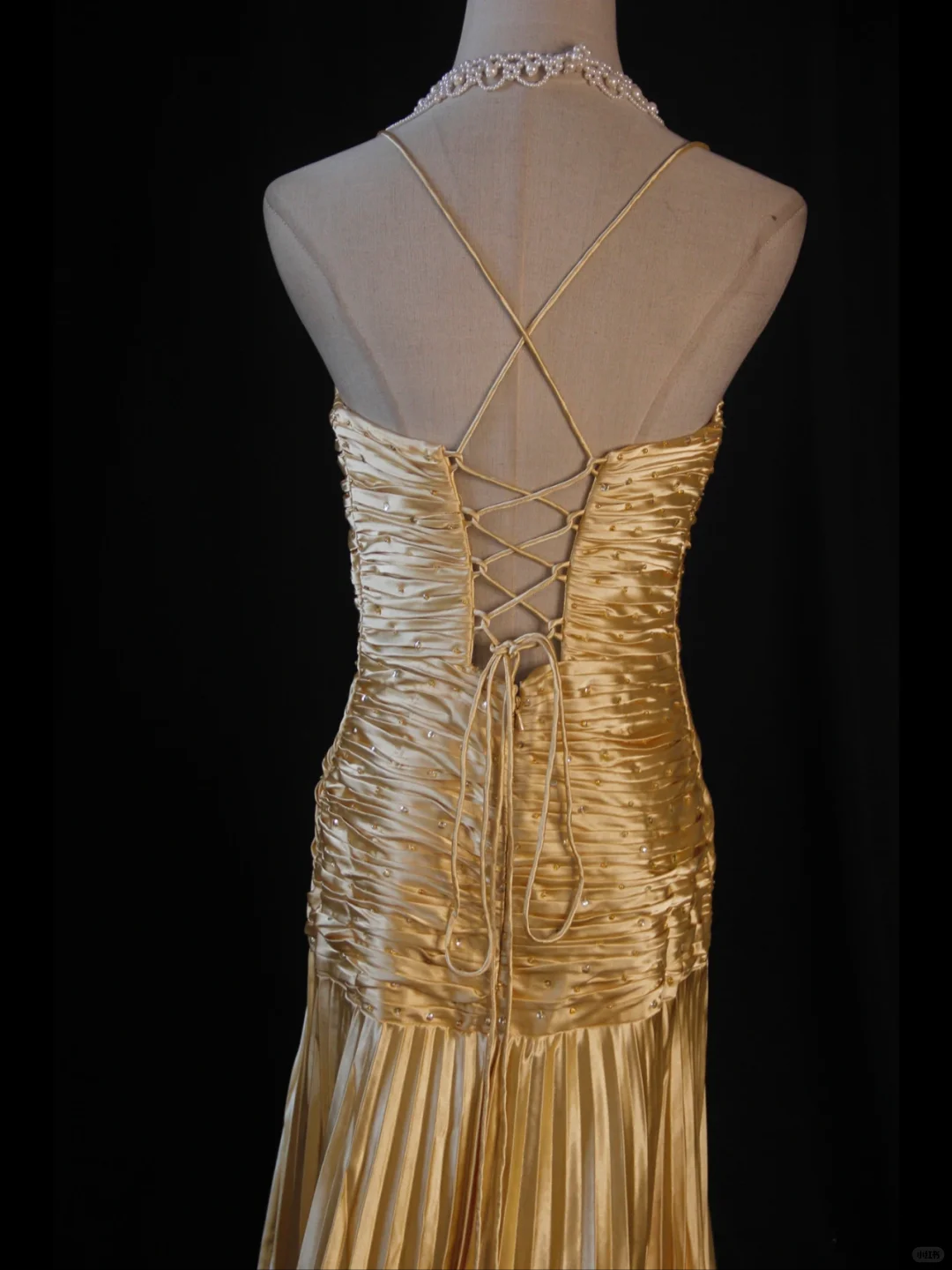 Vintage Gold A Line Spaghetti Straps Pleated Beaded Satin Prom Dress Graduation Prom Dress SH5188