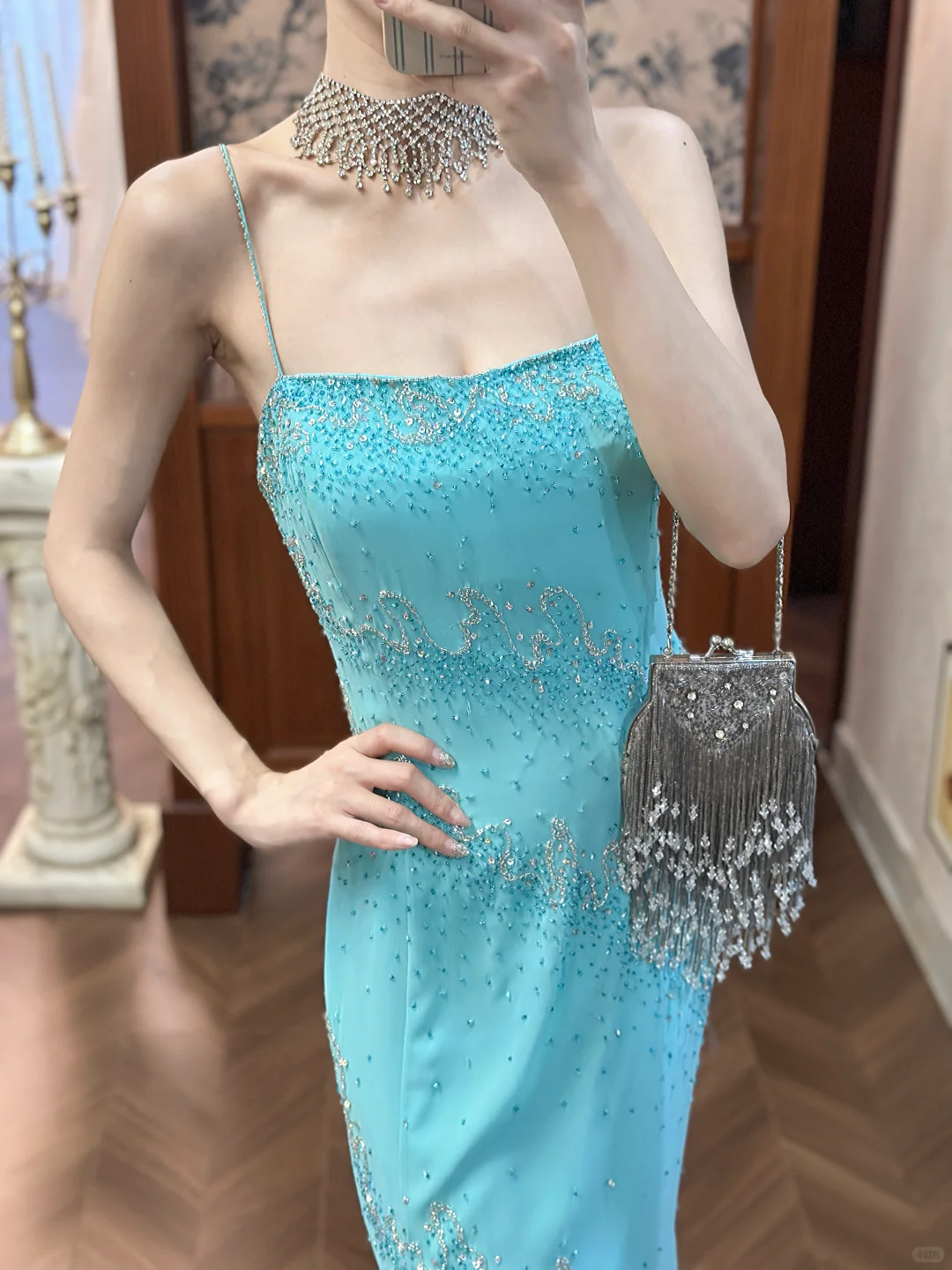 Vintage Blue Sheath Spaghetti Straps Beaded Chiffon Long Prom Dress SH5207