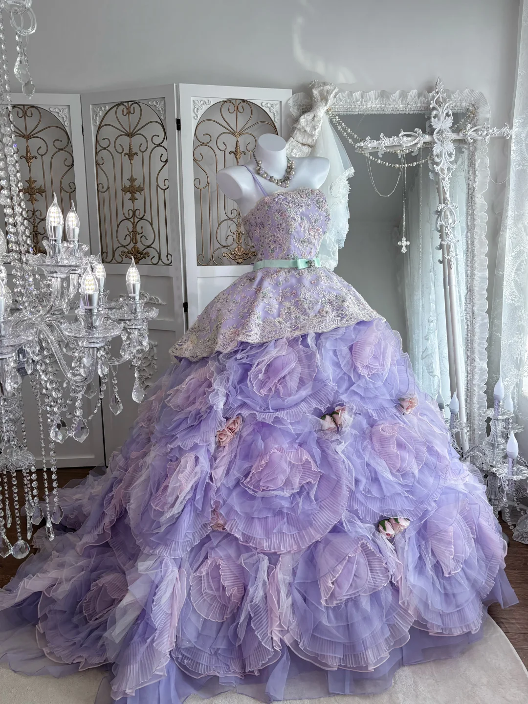 Vintage Lilac 3D Flower Ball Gown Layered Tulle Prom Dress Sweet 16 Dress SH5989