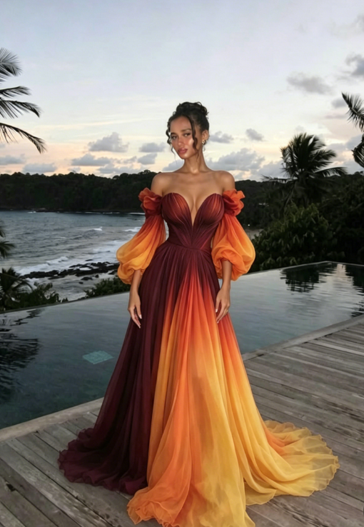 Unique A Line Long Sleeve Orange Ombre Chiffon Prom Dress Evening Dress SH2363