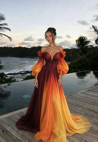 Unique A Line Long Sleeve Orange Ombre Chiffon Prom Dress Evening Dress SH2363