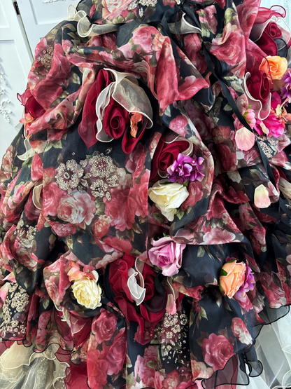 Vintage Black-Red Ball Gown Strapless 3D Floral Layered Organza Prom Dress Sweet 16 Dress SH5784