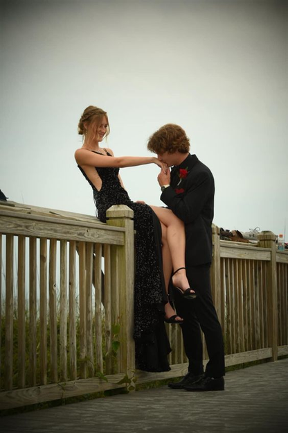 Spaghetti Straps V Neck Black Sequin Evening Dress Slit Backless Prom Dress SH1088