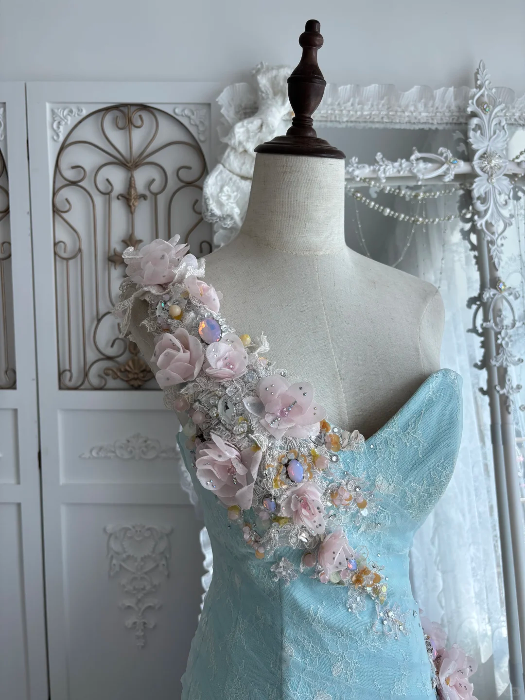 Vintage Blue-Pink Ball Gown One Shoulder 3D Floral Tulle Prom Dress Sweet 16 Dress SH5788