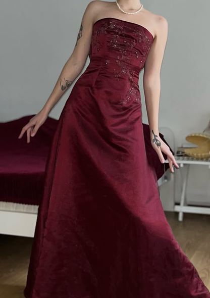 Vintage A Line Strapless Exquisite Beaded Burgundy Satin Prom Dress Evening Dress SH6073