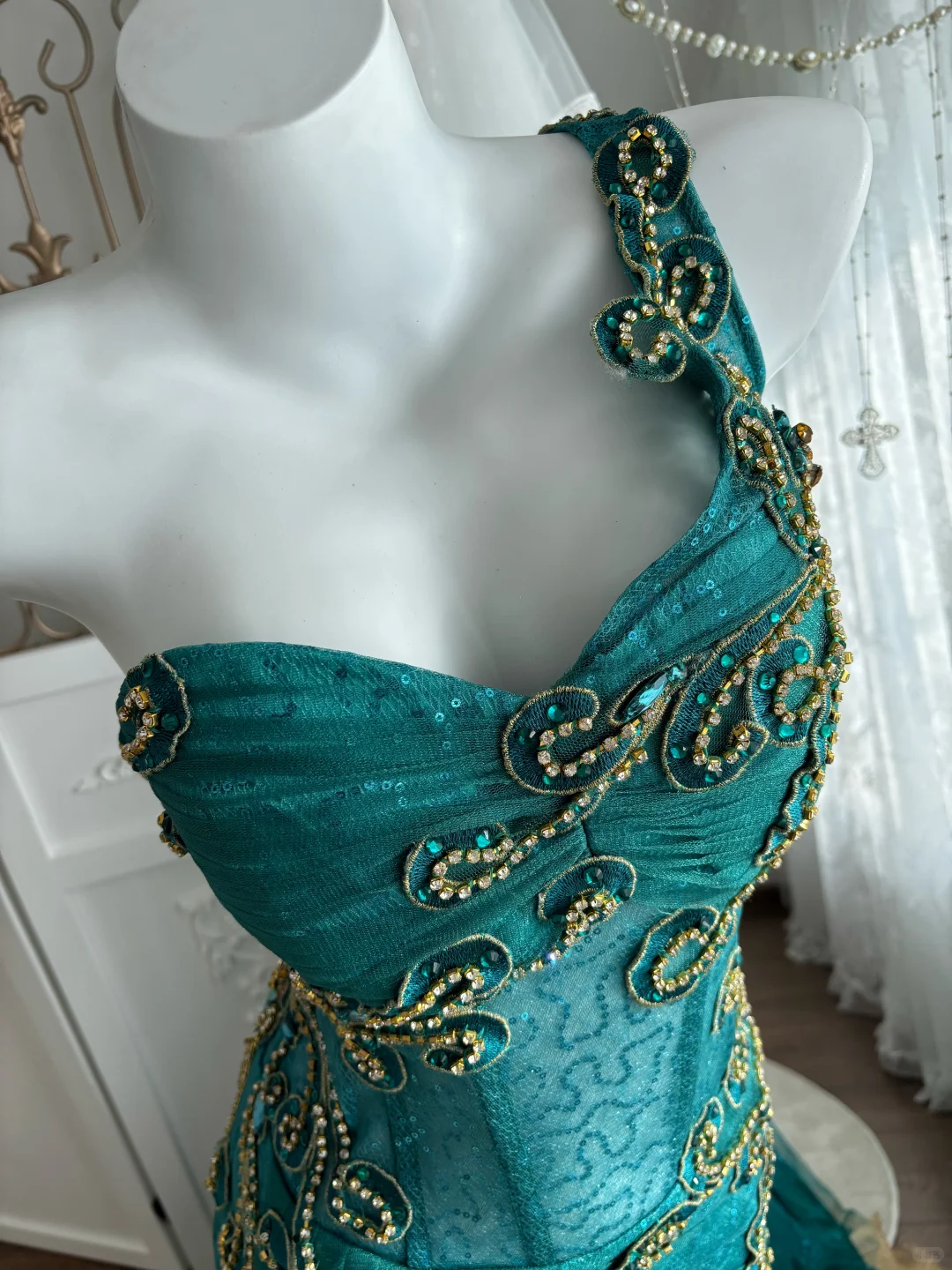Vintage Blue Mermaid One Shoulder Beaded Tulle Prom Dress Sweet 16 Dress SH5792