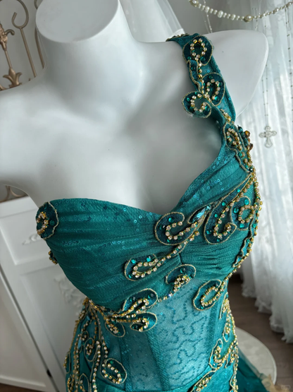 Vintage Blue Mermaid One Shoulder Beaded Tulle Prom Dress Sweet 16 Dress SH5792