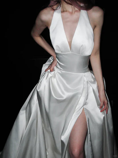 Stunning A Line Halter White Satin Backless Long Wedding Dress SH5980