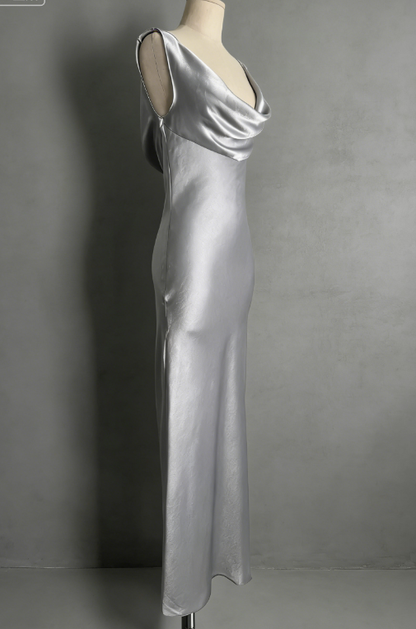 Vintage Elegant Sheath Straps Grey Satin Long Prom Dress Evening Dress SH5140