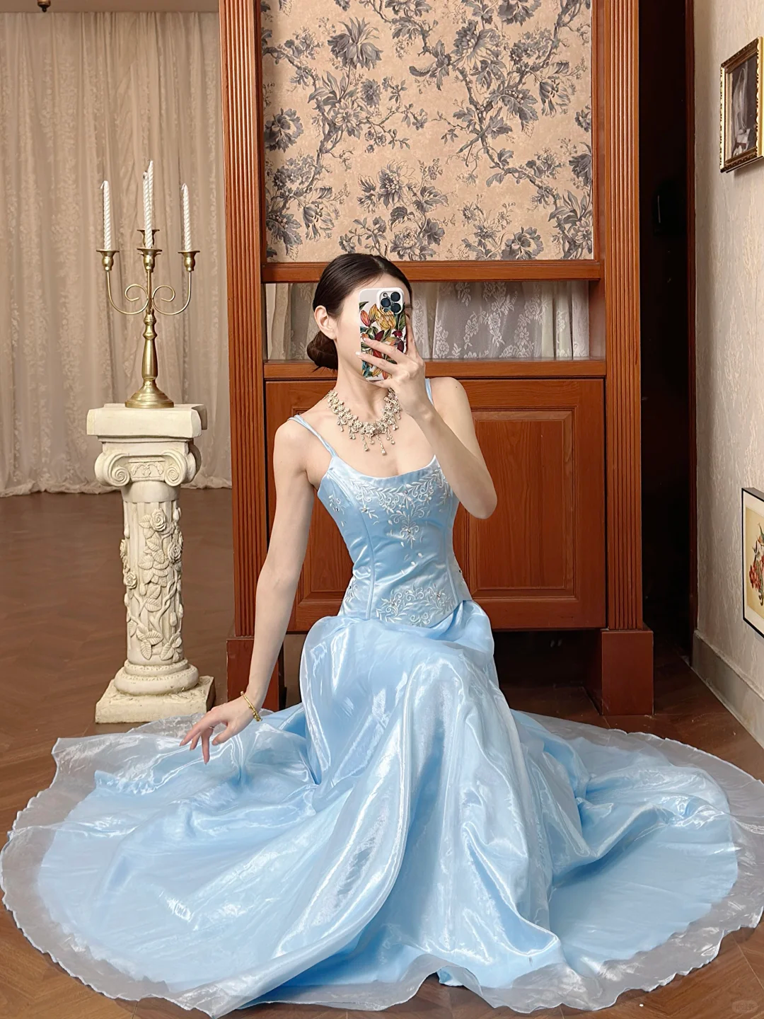 Vintage Blue A Line Embroidery Organza Satin Long Prom Dress Evening Dress SH5654