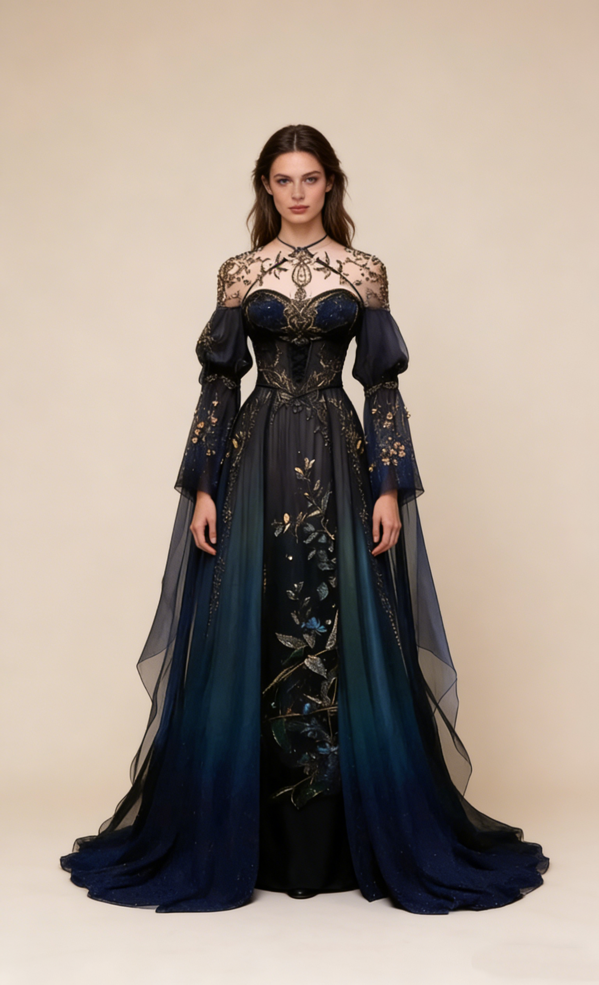 Navy Blue Long Sleeves Appliques A-Line Modest Long Formal Prom Gown, D56