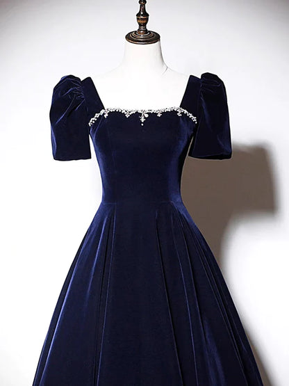 A-Line Dark Blue Velvet Long Prom Dress, Blue Formal Evening Dress MD7171