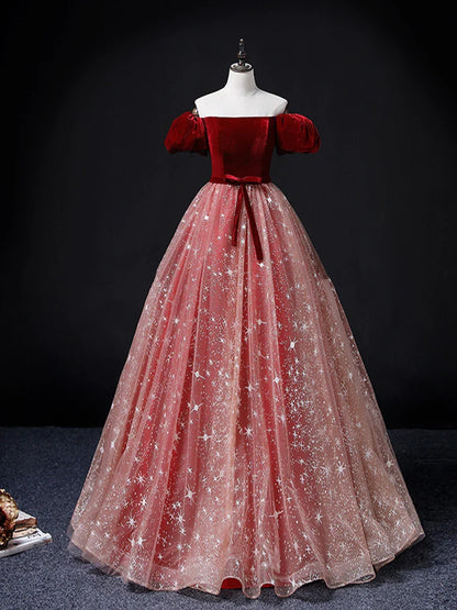 Burgundy/Pink Tulle Velvet Long Prom Dress, Burgundy Formal Dress MD7168