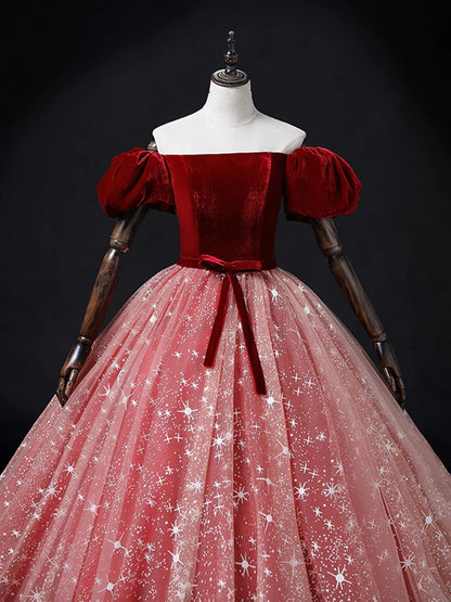 Burgundy/Pink Tulle Velvet Long Prom Dress, Burgundy Formal Dress MD7168