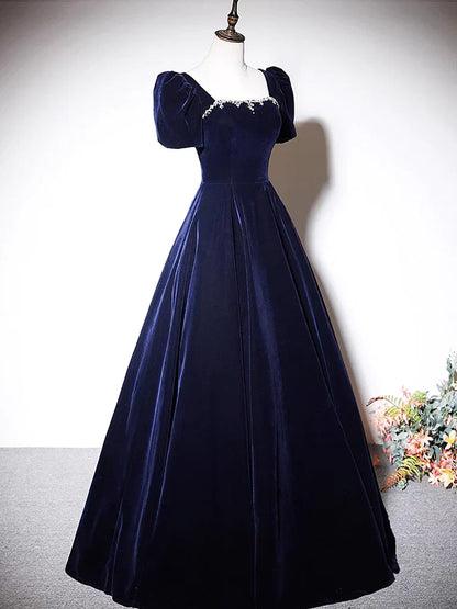 A-Line Dark Blue Velvet Long Prom Dress, Blue Formal Evening Dress MD7171