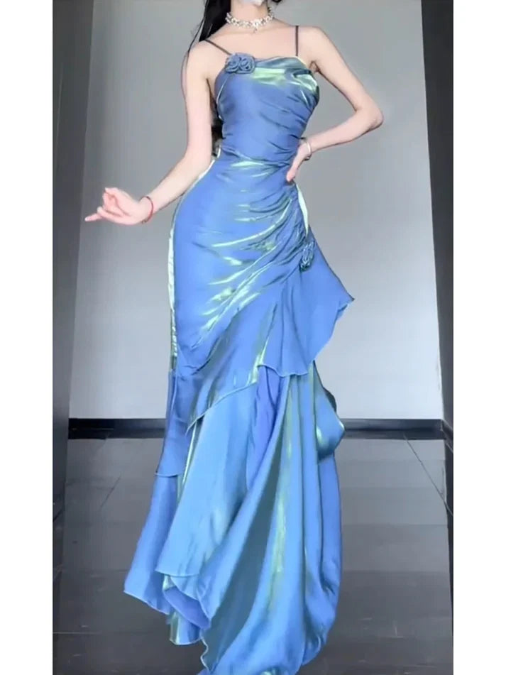 Vintage Blue Spaghetti Strap Ruffle Design Elegant A-line Satin Evening Dress Prom Dress D1597