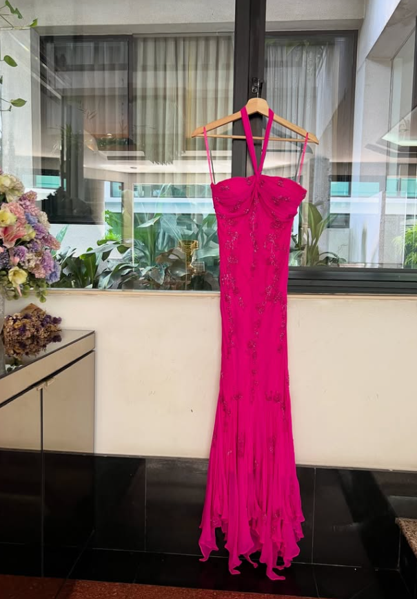 Vintage Charming Hot Pink Beaded Chiffon Long Prom Dress Party Dress SH4884