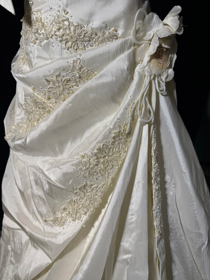 Vintage Ivory A Line Halter Appliques Bow Satin Prom Dress Evening Dress SH5606