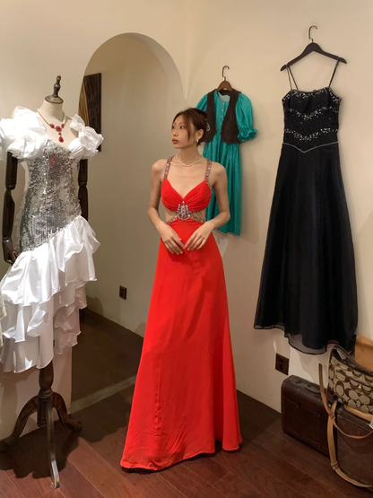 Vintage A Line Spaghetti Strap Red Beaded Sequin Chiffon Long Open Back Prom Dress Evening Dress SH2972